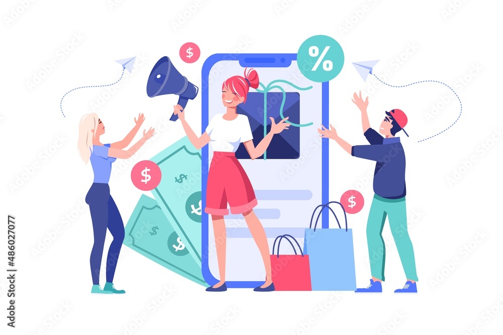 Woman with megaphone announcing online sale flat vector illustration. Mobile phone screen with shopping app. Concept of online purchase, marketing campaign