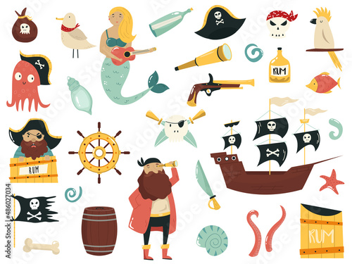 Cartoon vector set with elements and symbols of pirates ship, sword, skull, hat