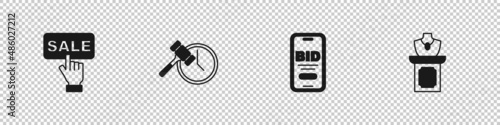 Set Price tag with Sale, Auction hammer, Online auction and jewelry sale icon. Vector