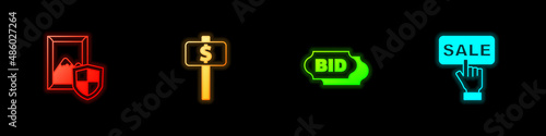 Set Auction painting, Hand holding auction paddle, Bid and Price tag with Sale icon. Vector