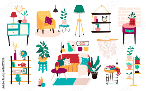 vector set of Cozy Scandinavian Furniture, decor, Plants for Home. modern Hand drawn Interior collection.Hugge elements for the Living Room.colorful flat illustration isolated on white.