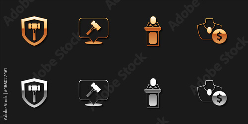 Set Auction hammer, auctioneer sells and jewelry sale icon. Vector