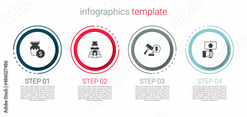 Set Auction ancient vase, hammer price and Hand holding auction paddle. Business infographic template. Vector