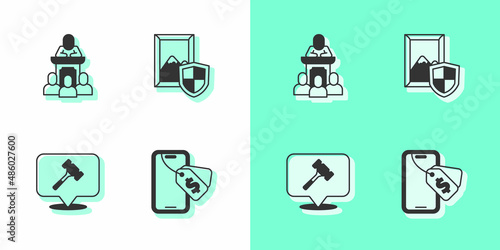Set Online auction, Auction auctioneer sells, hammer and painting icon. Vector