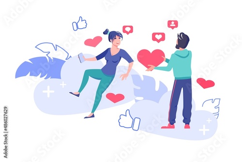 Woman blogger getting like from man follower in social media network account flat vector illustration. SMM, influence digital marketing concept