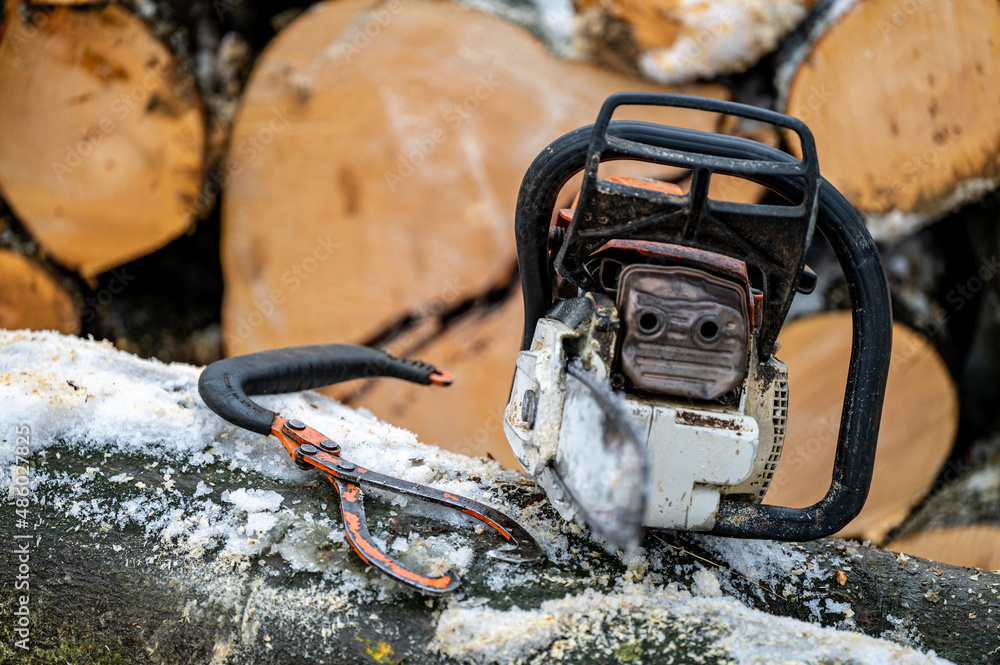 A lumberjack equipment. A chainsaw and a hand lifting tongs. A lumberjack equipment. A chainsaw and a hand lifting tongs.