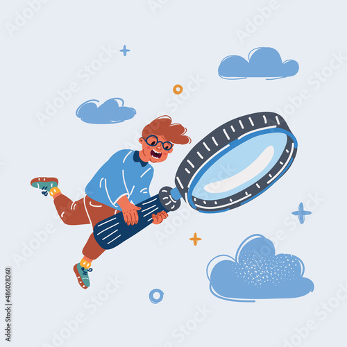 Vector illustration of schoolboy looking through magnifier