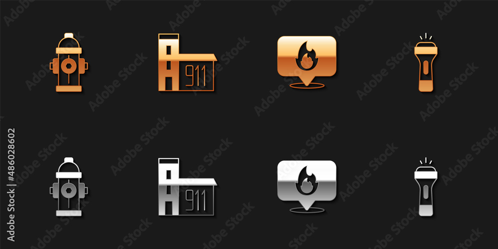 Set Fire hydrant, Building of fire station, Location with flame and Flashlight icon. Vector Set Fire hydrant, Building of fire station, Location with flame and Flashlight icon. Vector