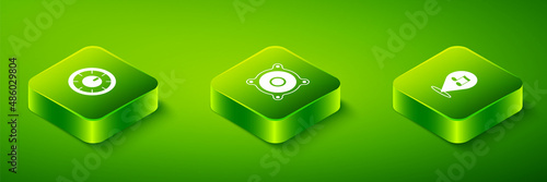 Set Isometric Stereo speaker, Location musical note and Sound mixer controller icon. Vector