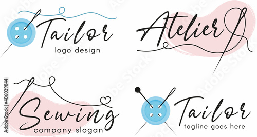 Vector logo design for atelier, tailor and sewing. A combination of threads, knitting needles and buttons. Textile emblem. Clothing label. Vector illustration.