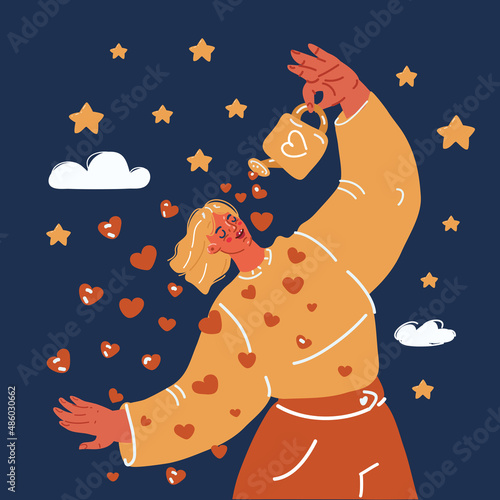 Cartoon vector illustration of Love yourself. Woman hugging herself with hearts on white background. Pastel cute soft colors. Relax