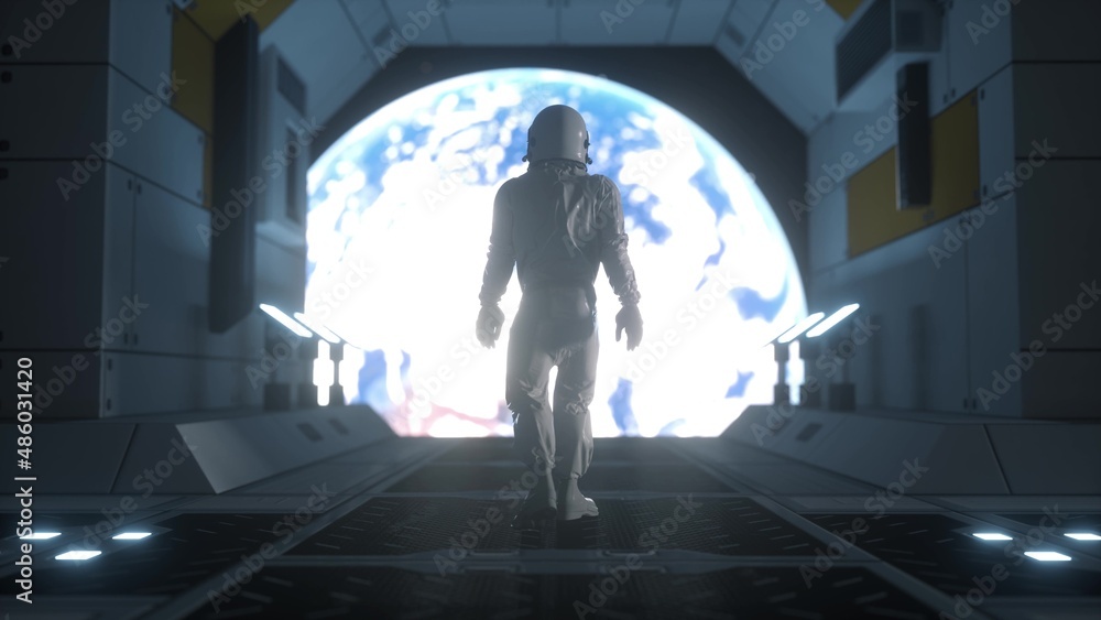 Astronaut in outer space. Futuristic astronaut concept. Alone astronaut in futuristic space ship. 3d rendering