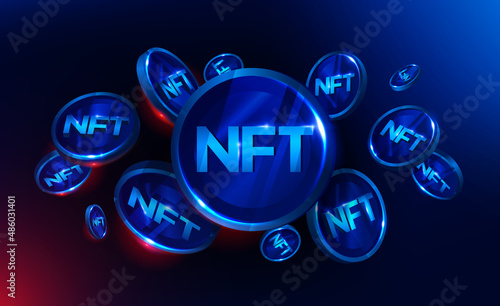 NFT nonfungible token illustration with red and blue glowing lights dark blue background. Vector cryptocurrency