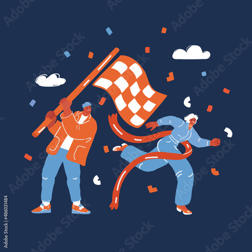 Cartoon vector illustration of Running woman. Female crossing the finish line.