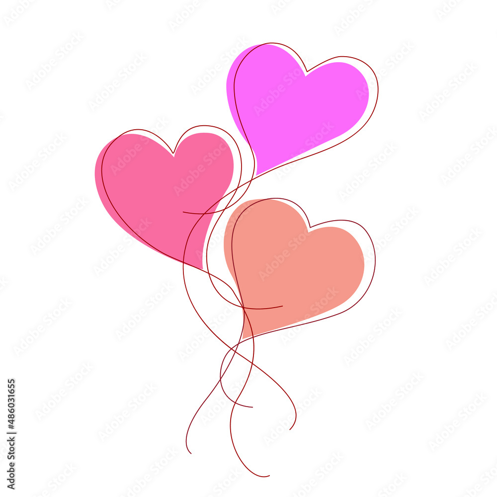 Three pink hearts continuous line. Vector illustration. Valentine's Day greeting card