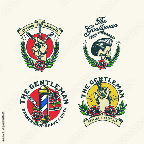 Set Hand Drawn Vintage Barbershop Rockabilly Logo Badge