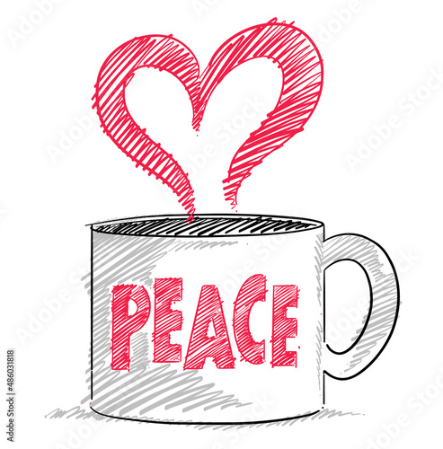 Sketch drawing of a cup of tea written peace on the front