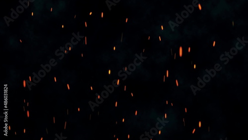 Burning hot bonfire fire sparks on a dark background. Flying Embers from fire. 3d rendering
