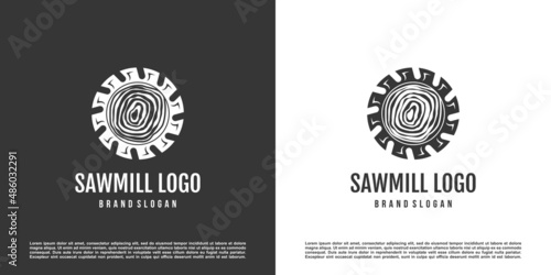 Saw mill logo design with creative element concept Premium Vector