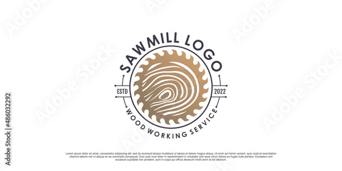 Saw mill logo design with creative element concept Premium Vector