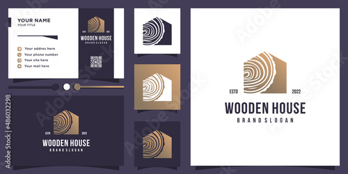 Wood house logo design with creative element concept Premium Vector