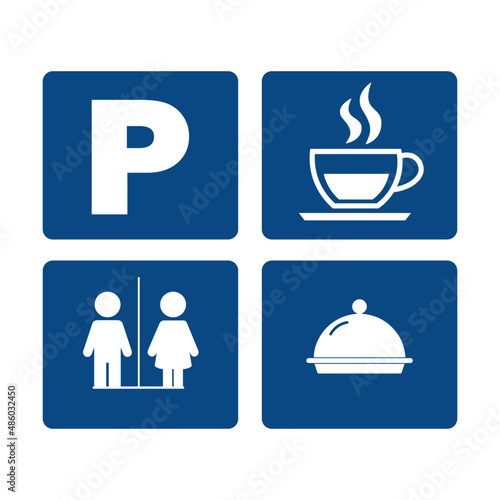 hotel icon set vector, clip art parking, coffee shop, wash room, buffet symbols and clip art