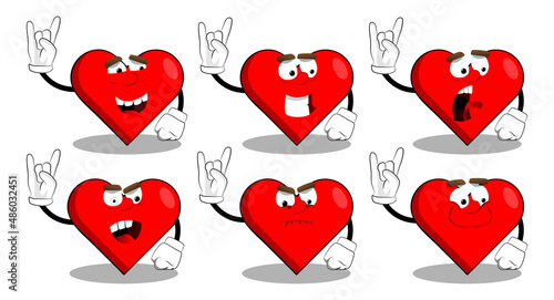 Heart Shape with with hands in rocker pose as a cartoon character, funny red love holiday illustration.