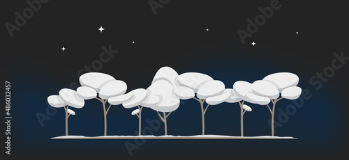Winter Forest Deciduous Trees in Snowy on Night Background Color Set Vector Illustration