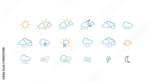 Weather, Sun, Clouds, Rain, Snow and Thunder Color Vector Icon Set