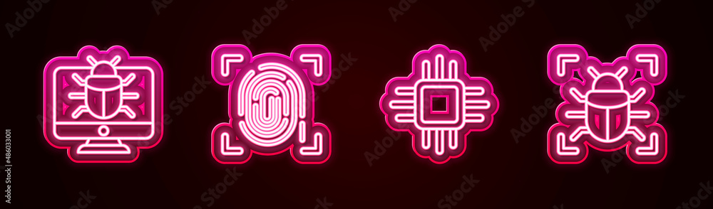 Set line System bug on monitor, Fingerprint, Processor with microcircuits CPU and . Glowing neon icon. Vector Set line System bug on monitor, Fingerprint, Processor with microcircuits CPU and . Glowing neon icon. Vector