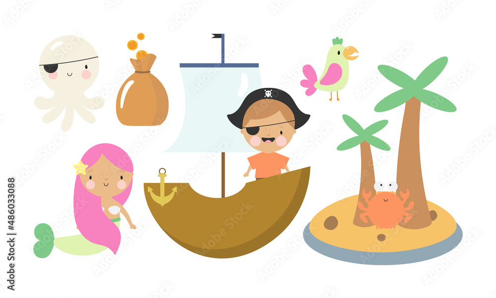 Obraz premium Vector Pirate Set with pirate, octopus, mermaid, pirate ship, parrot, island, bag of gold, crab. Illustration in cartoon style. Good for party invitations, birthday cards, stickers, prints etc.