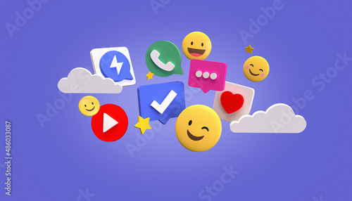 Social media, online social communication, emoji, chat on violet background 3D illustration
