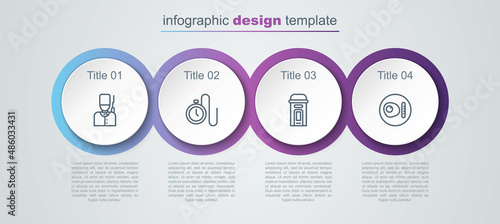 Set line British soldier, Watch with a chain, London phone booth and breakfast. Business infographic template. Vector