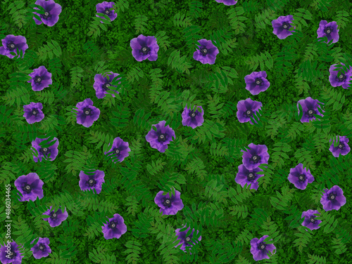 Botanical motif with blue anemones and ferns. Spring forest glade.