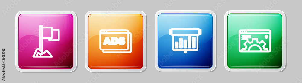 Set line Location marker, Advertising, Board with graph chart and Browser setting. Colorful square button. Vector Set line Location marker, Advertising, Board with graph chart and Browser setting. Colorful square button. Vector