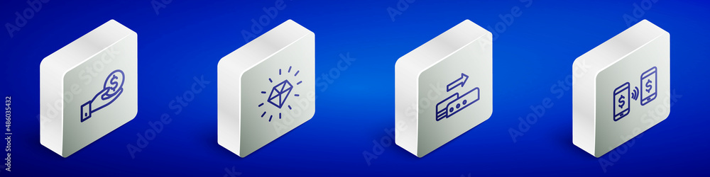 Set Isometric line Hand giving money, Diamond, Pos terminal and Money payment transfer icon. Vector Set Isometric line Hand giving money, Diamond, Pos terminal and Money payment transfer icon. Vector