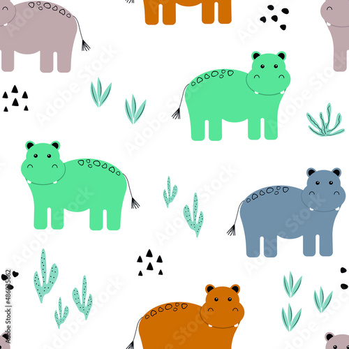 Cartoon hippos seamless pattern. Cute animals kids background. Hand drawn design for kids. Funny vector illustration with a hippo.
