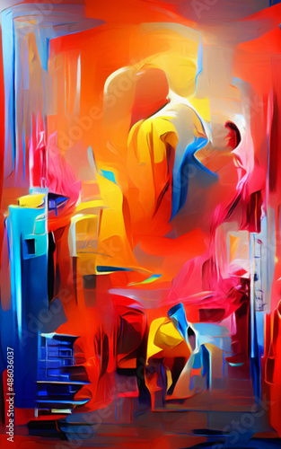 Wall fine art paining in oil mixed style, stock, contemporary impressionism artwork for sale, vibrant abstract art, colorful brush strokes, print for decoration canvas, case, paper, poster, card 