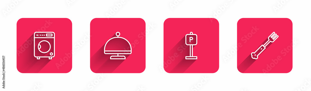 Set line Washer, Covered with tray, Parking and Fork with long shadow. Red square button. Vector Set line Washer, Covered with tray, Parking and Fork with long shadow. Red square button. Vector