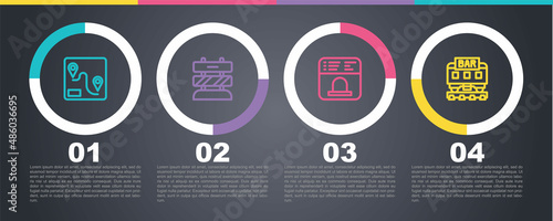 Set line Route location, End of railway tracks, Ticket office to buy tickets and Restaurant train. Business infographic template. Vector