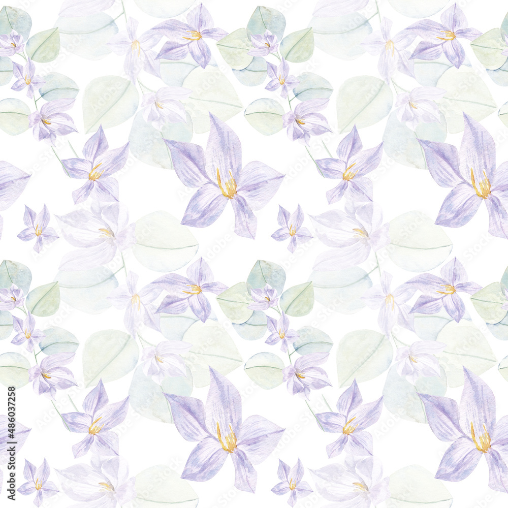 Obraz premium Violet flowers seamless pattern, romantic garden ornament pattern with purple, peach, very peri flower decoration
