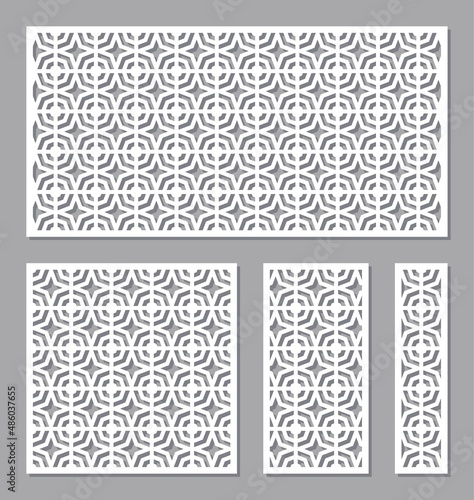 Set of panels with a geometric pattern. Stencils, lattice of square, rectangular shape with decorative octahedron. Template for plotter laser cutting of paper, metal engraving, wood carving, cnc. 