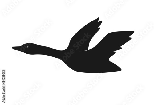 Black silhouette of a flying duck on a white background.