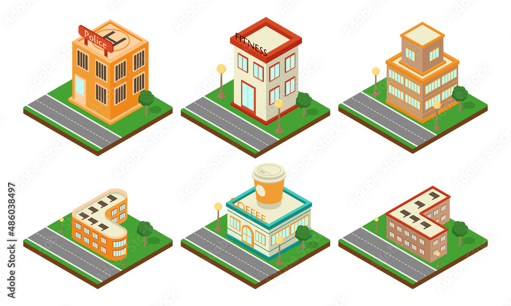 Modern isometric set buildings. Coffee shop, police, fitness center. Isometric icon or inforgraphic element. Flat vector illustration