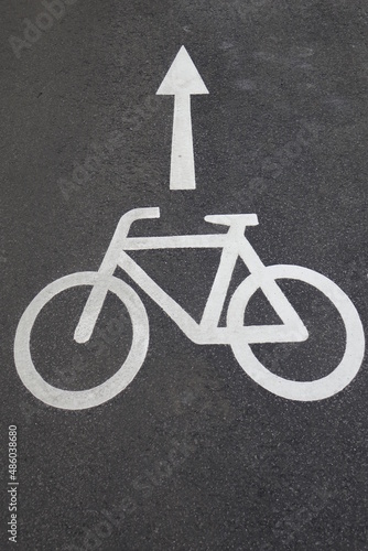 Traffic marker 'Bike lane', white bike and arrow on grey tarmac, concept of green mobility, fitness, urban life style and lower carbon footprint (vertical), Kaiserslautern, Germany