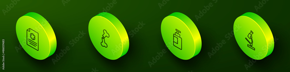 Set Isometric line Clinical record, Human broken bone, Hand sanitizer bottle and Microscope icon. Vector Set Isometric line Clinical record, Human broken bone, Hand sanitizer bottle and Microscope icon. Vector