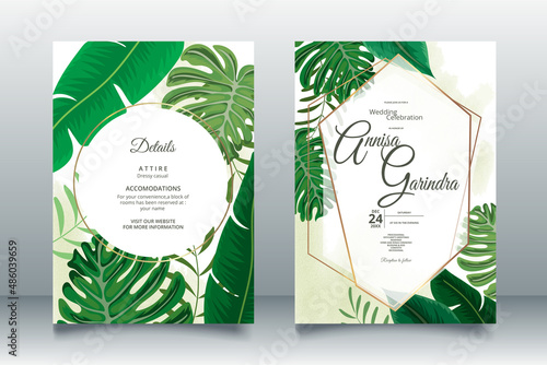 Elegant wedding invitation card with tropical leaves template Premium Vector