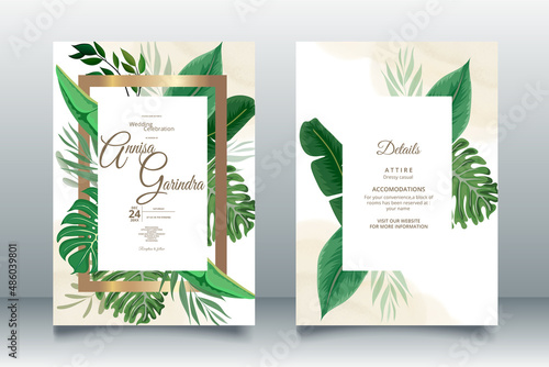  Elegant wedding invitation card with tropical leaves template Premium Vector