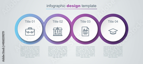 Set line Briefcase, School building, Exam sheet with A plus grade and Graduation cap. Business infographic template. Vector