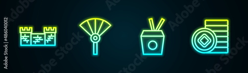 Set line Great wall of China, Chinese or japanese folding fan, Noodles box and chopsticks and Yuan currency. Glowing neon icon. Vector